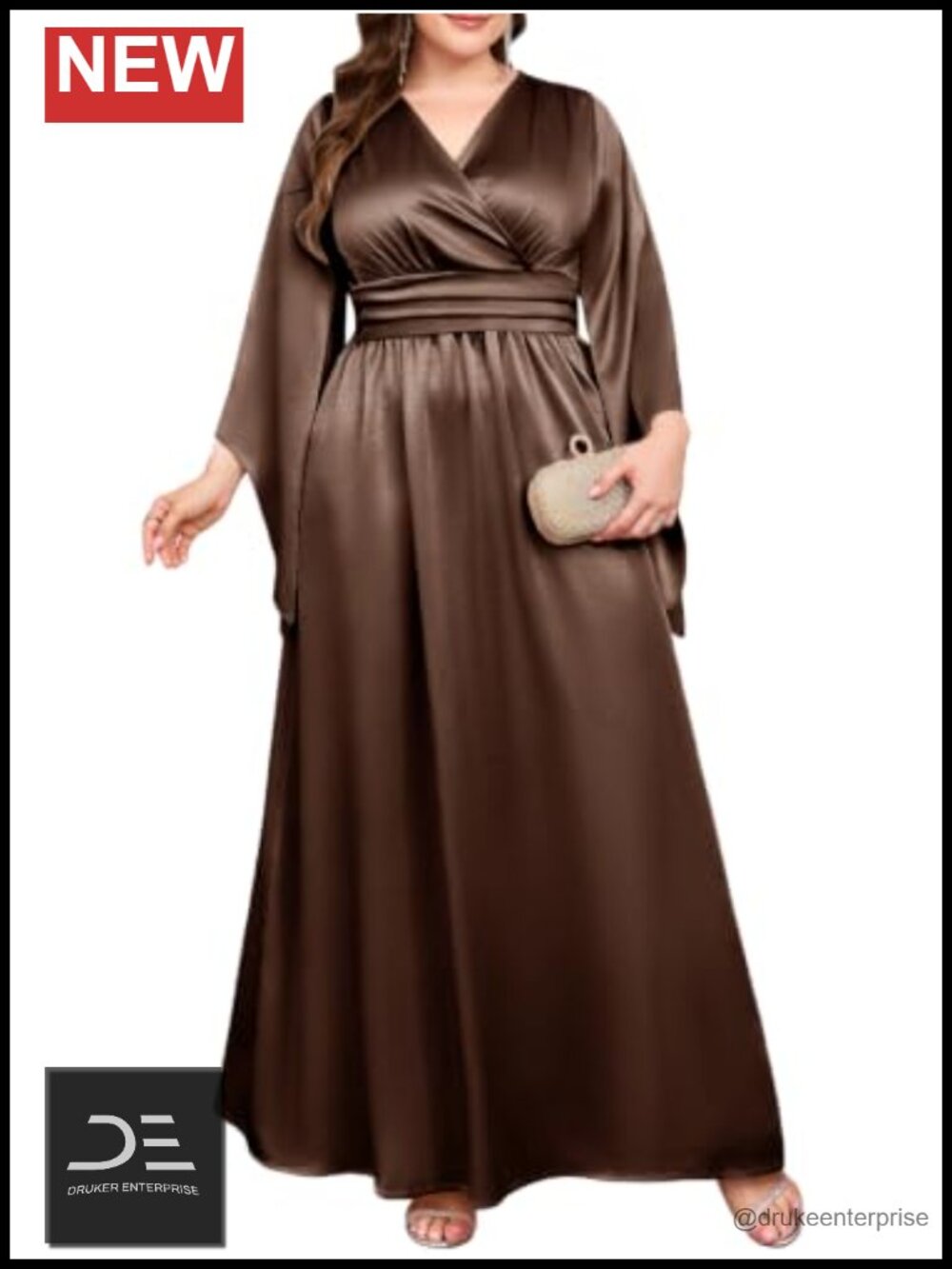 Plus Size Satin Wrap V-Neck Long Sleeve Maxi Dress